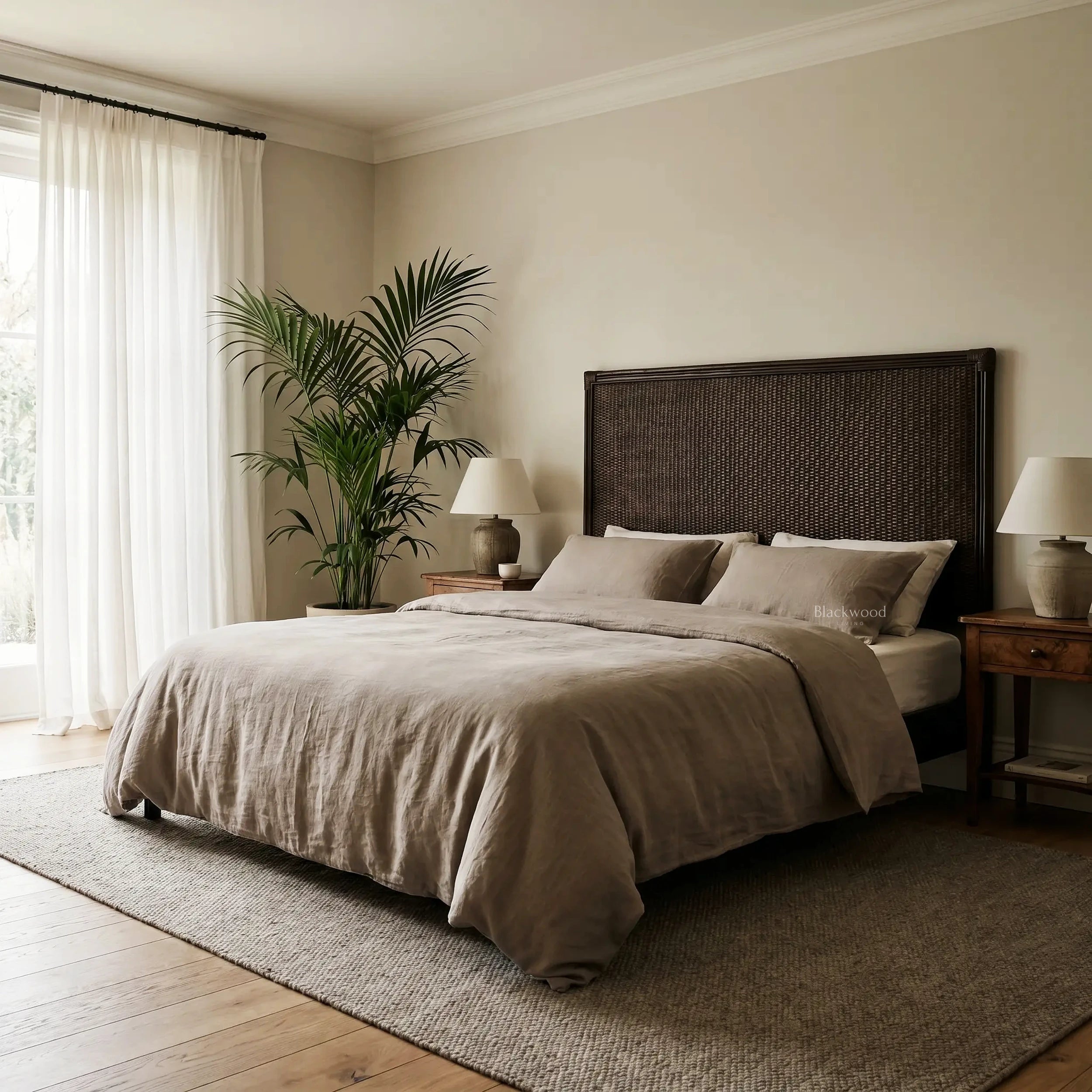 Plantation Rattan King Headboard, handwoven with double-layer rattan and Dacron padding in a beige bedroom.