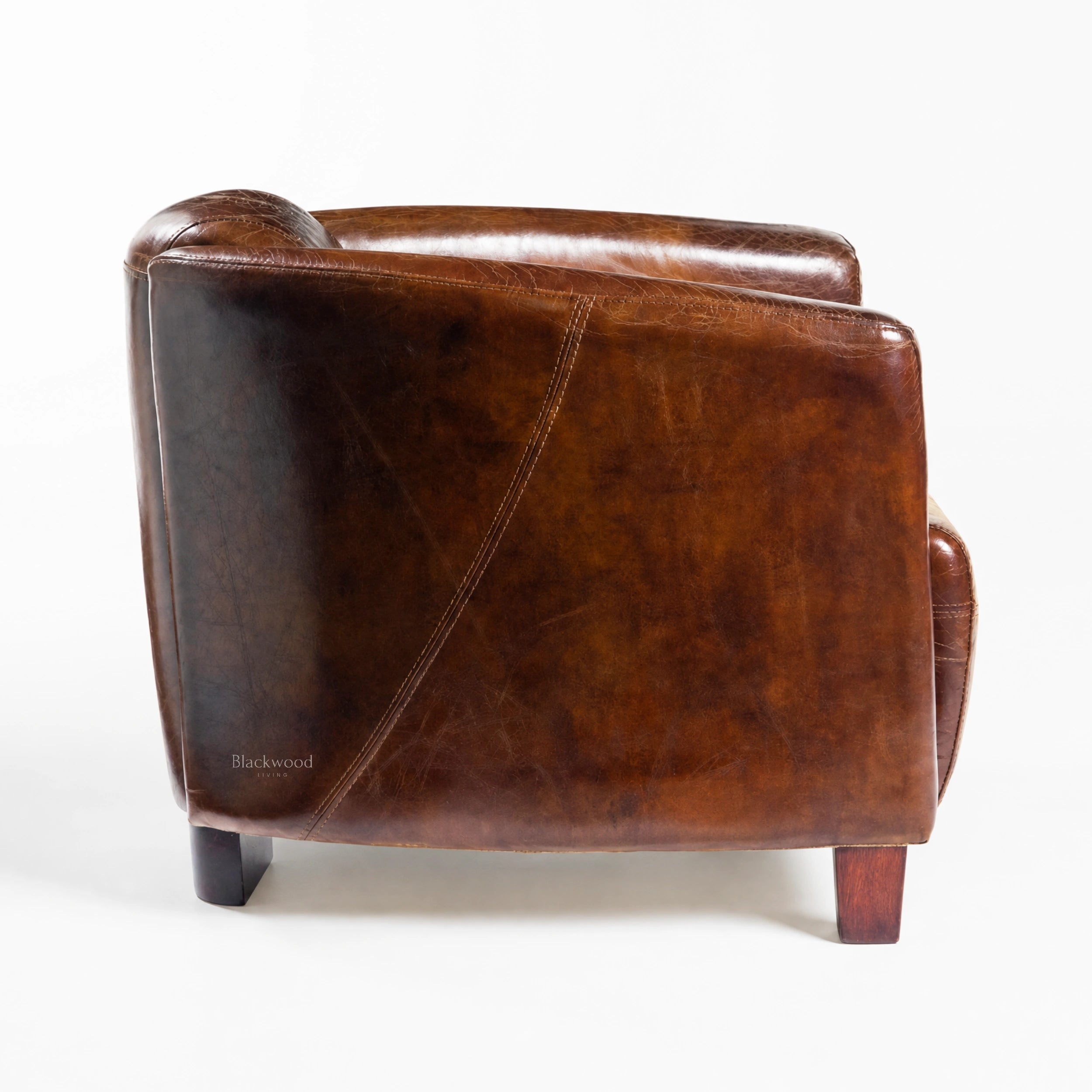 Dalton Club Chair in South American top-grain cow leather with a solid rubber wood frame.