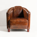 Dalton Club Chair in South American top-grain cow leather with a solid rubber wood frame, close-up of curved arms