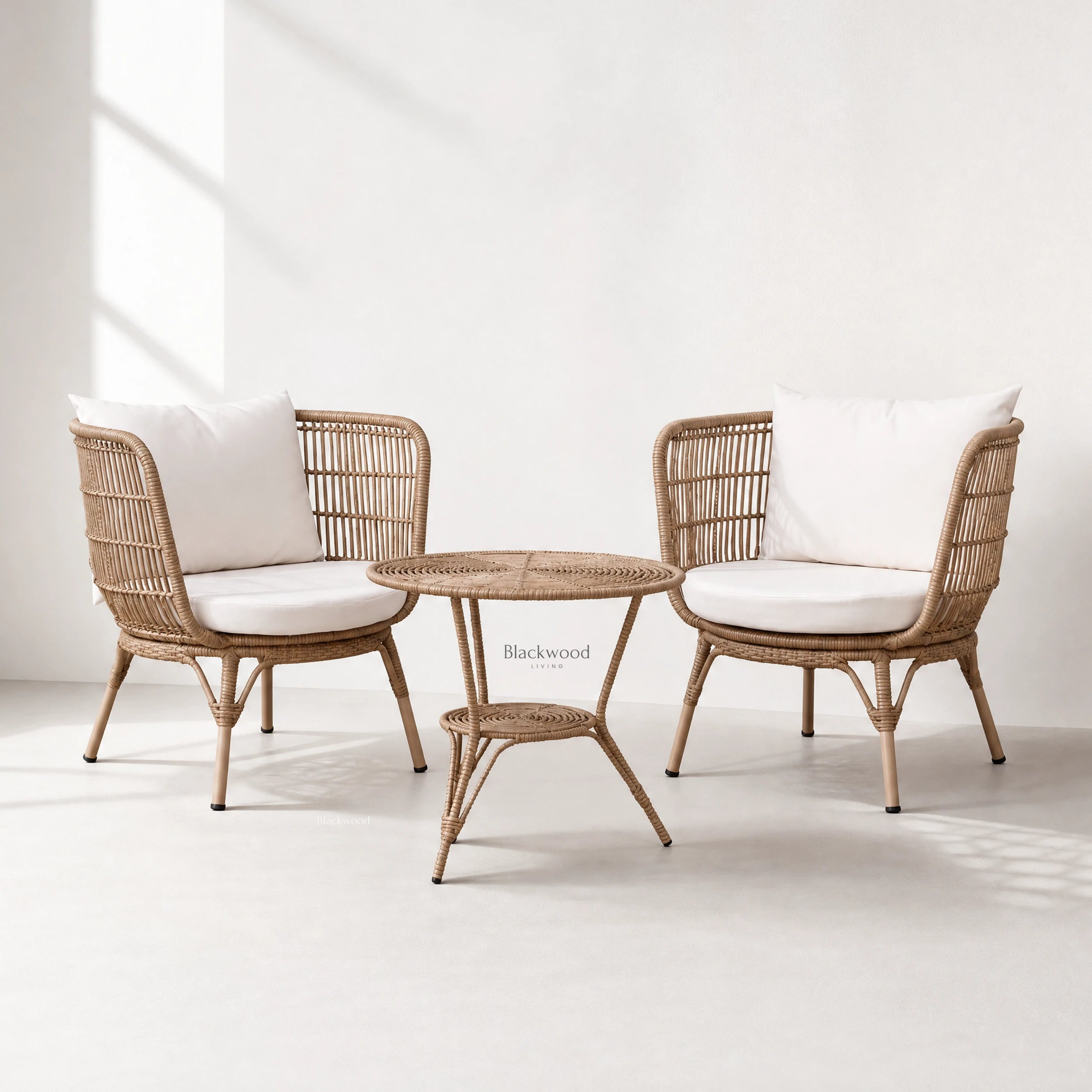 Clifton outdoor 3-piece setting with polyethylene fibres on aluminium frames, two wicker chairs and round table