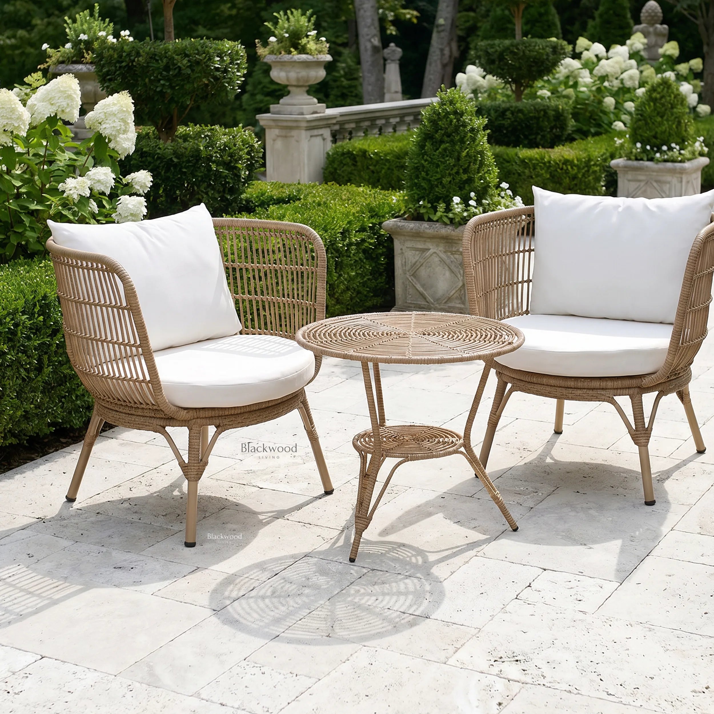 Clifton Outdoor 3-Piece Setting: wicker chairs with white cushions on a stone patio amid lush garden greenery