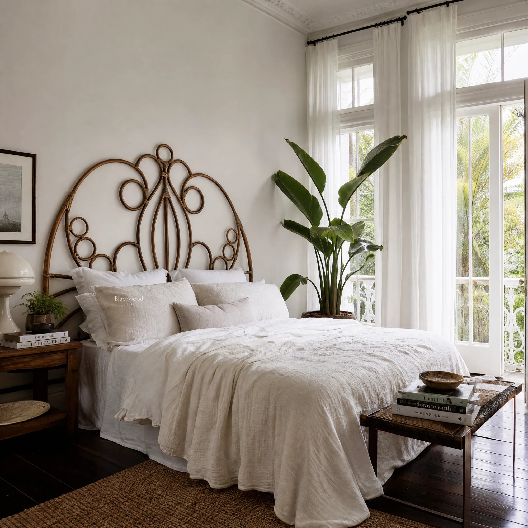 Sika Originals Natalia Rattan Headboard in a sunlit bedroom with white linen and sheer curtains.