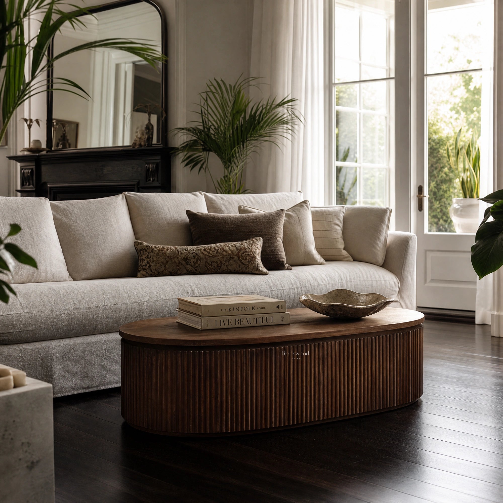 Reed Coffee Table: round, deeply fluted old elm, textured and permanent feel in a sunlit living room by a beige sofa.