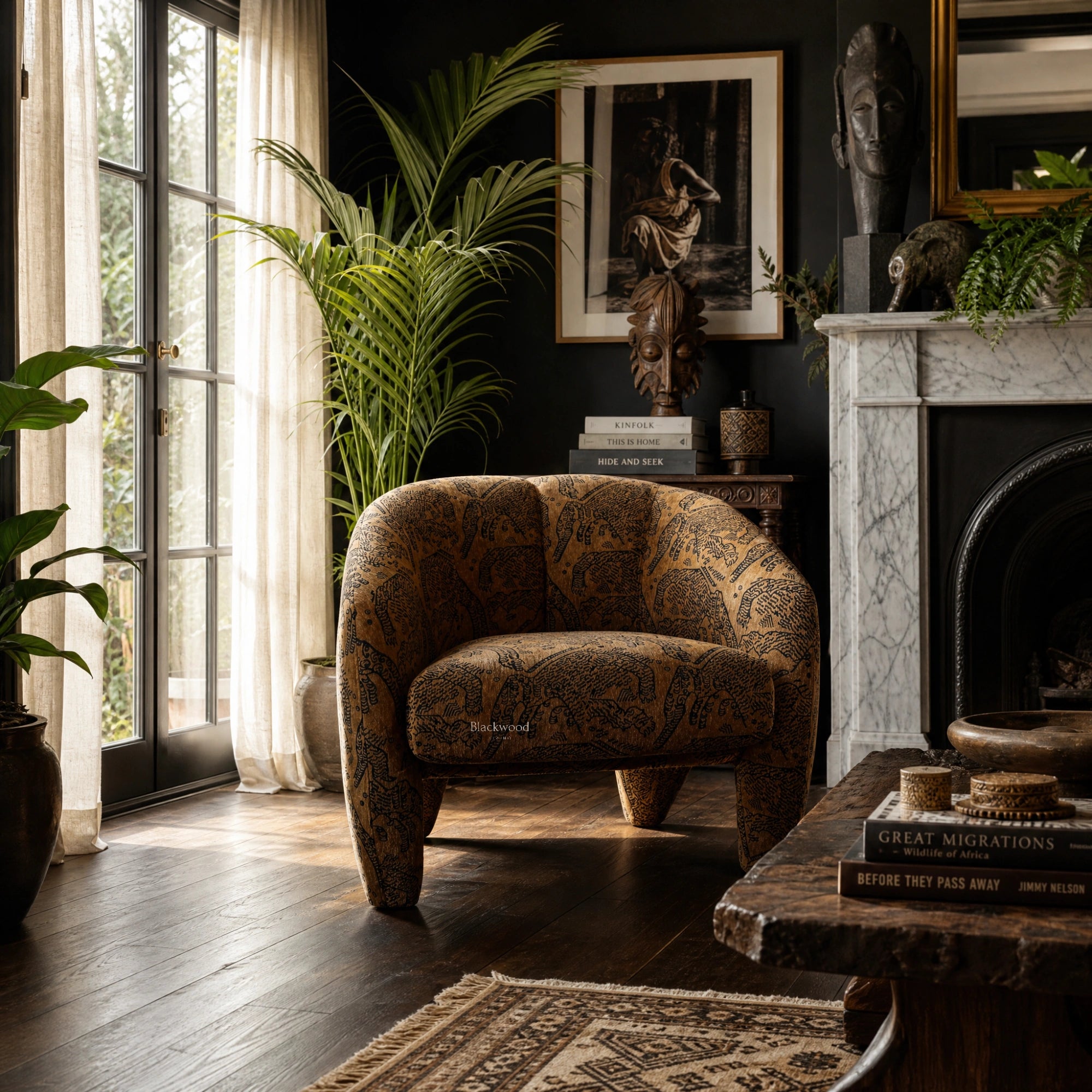 Tsavo Chair in wildlife-pattern chenille sits in a safari-inspired living room with plants and fireplace.