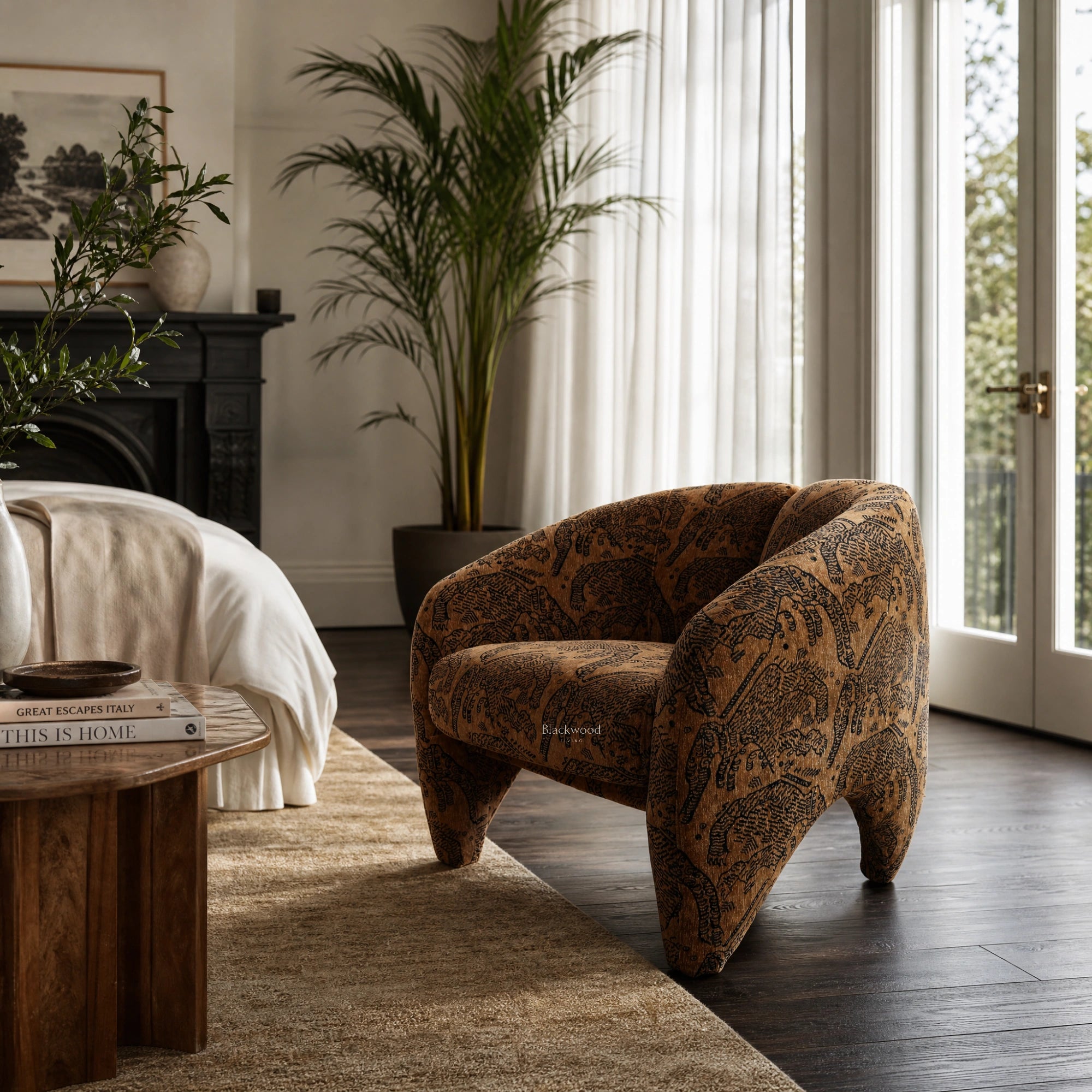 Tsavo Chair in textured chenille with wildlife-inspired pattern, safari-lodge style for a refined living room.