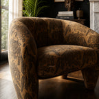 Tsavo Chair in rich chenille with wildlife-inspired pattern, warm safari style for living room.