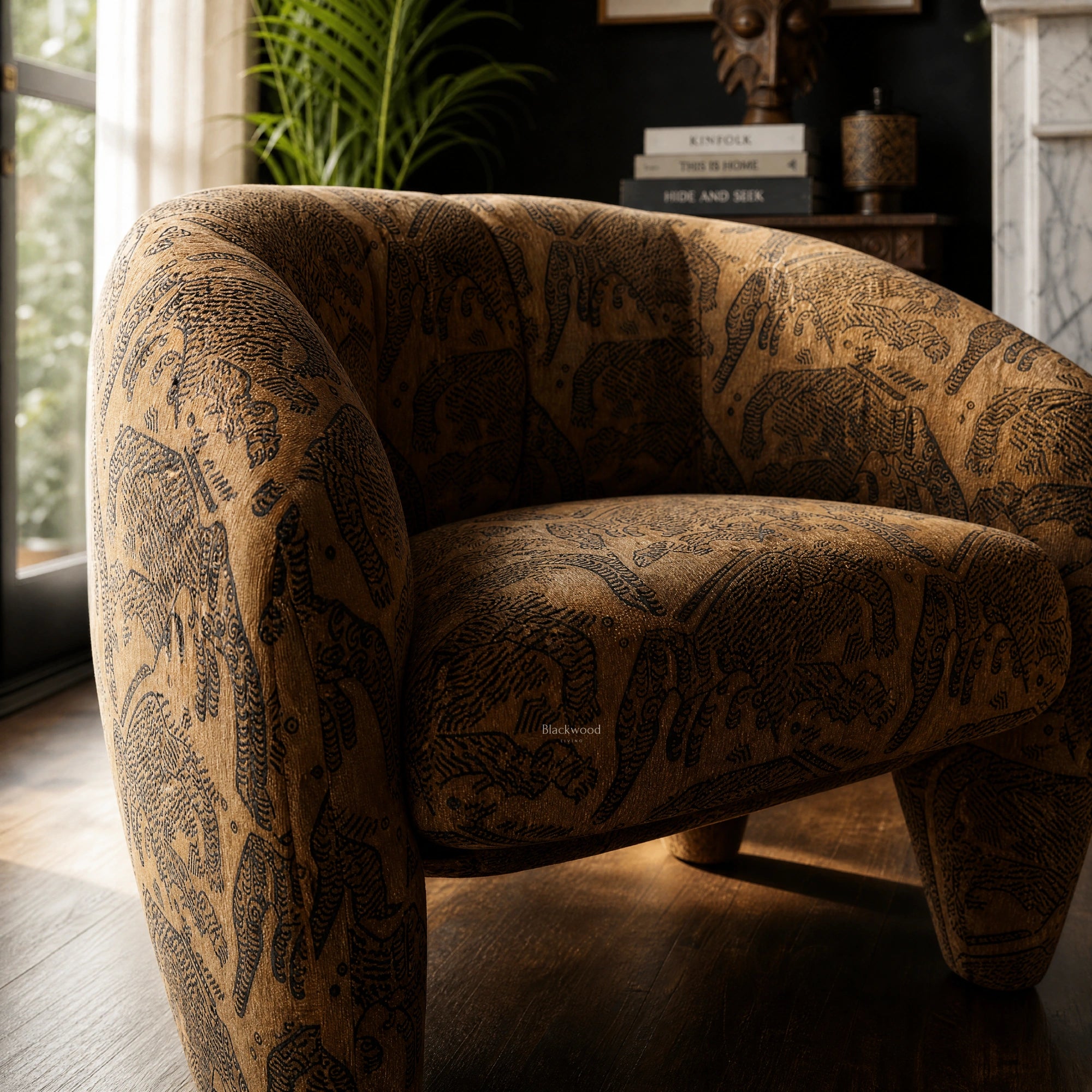 Tsavo Chair in rich chenille with wildlife-inspired pattern, warm safari style for living room.