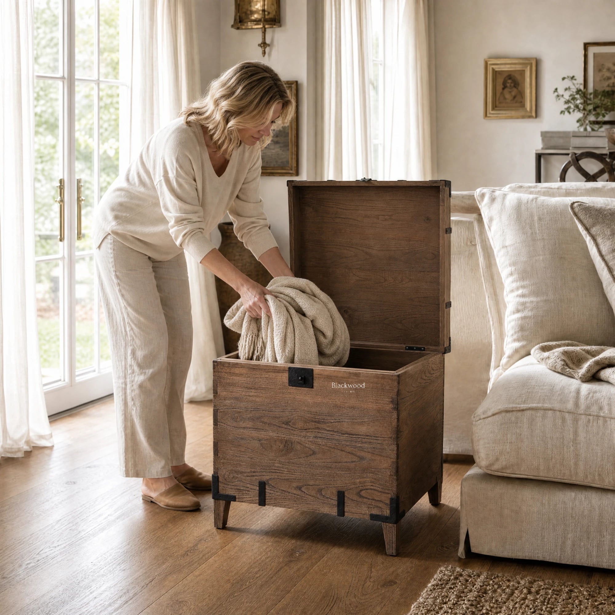 Avignon Trunk Table in reclaimed oak with concealed storage and forged metal detailing in a bright living room.