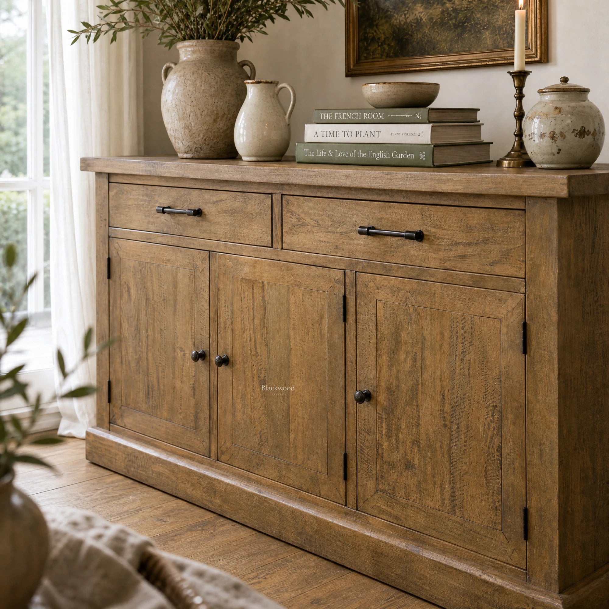 Marlborough Buffet in solid mango wood with warm grain, in a dining room setting with books, ceramic vases, and a candle.