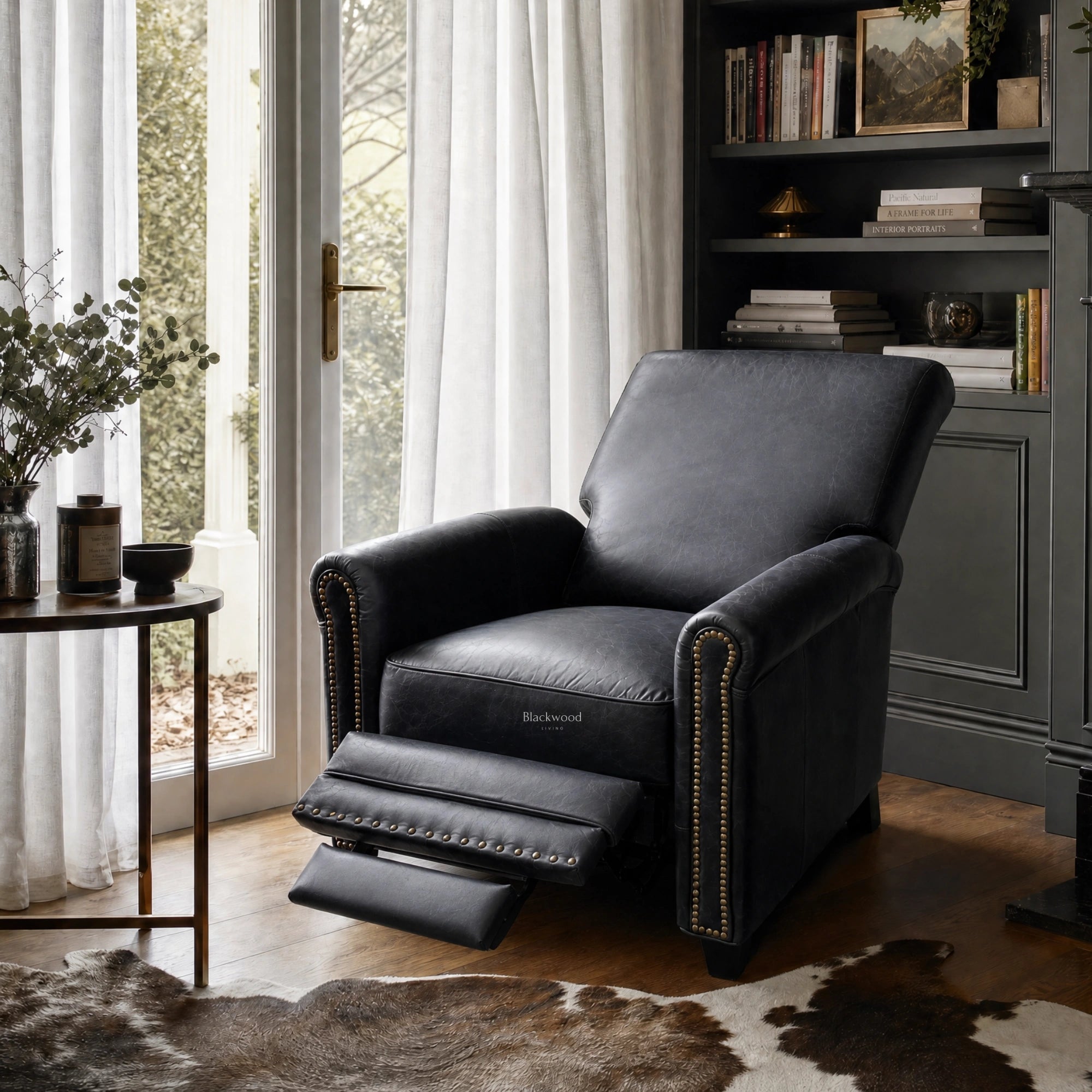 Chatsworth Leather Recliner Estate Black with nailhead trim in a chic living room beside a bookcase.