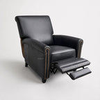 Chatsworth Leather Recliner Estate Black with nailhead trim and extended footrest.
