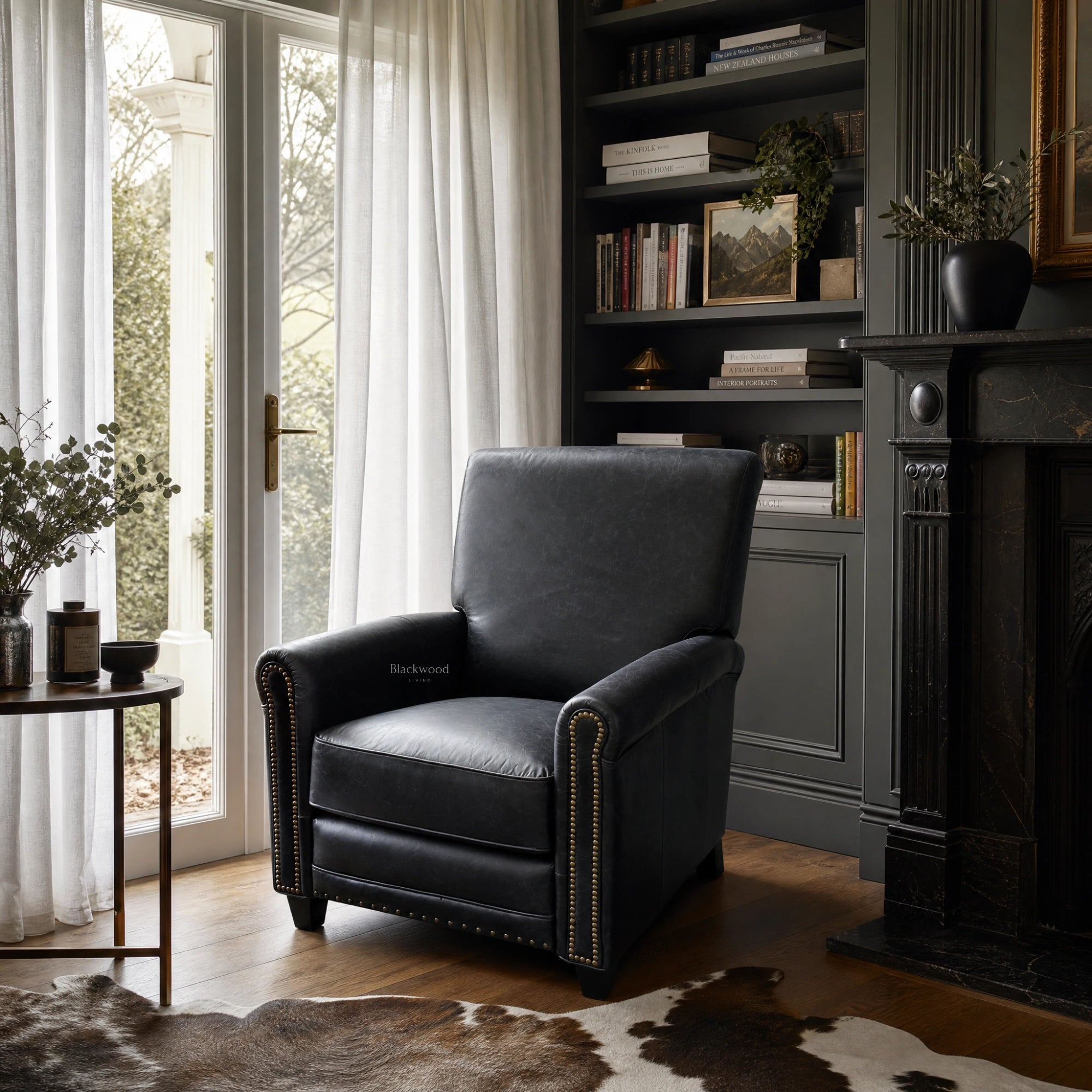 Chatsworth Leather Recliner Estate Black in a sophisticated living room with a bookcase, fireplace, and cowhide rug.