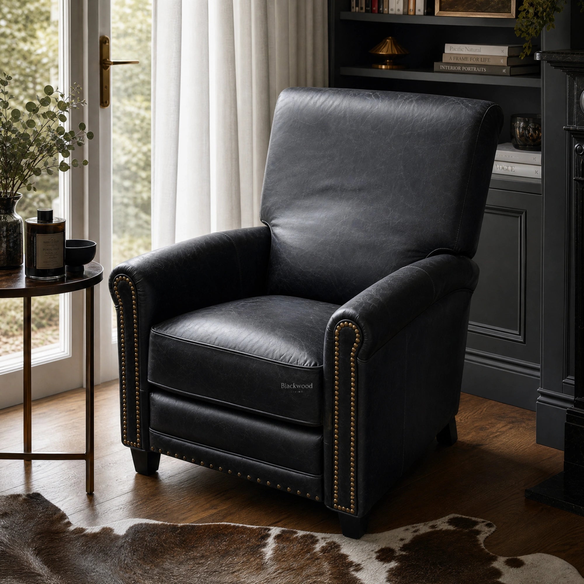 Chatsworth Leather Recliner - Estate Black in a cozy room with window, side table, and dark bookcase.