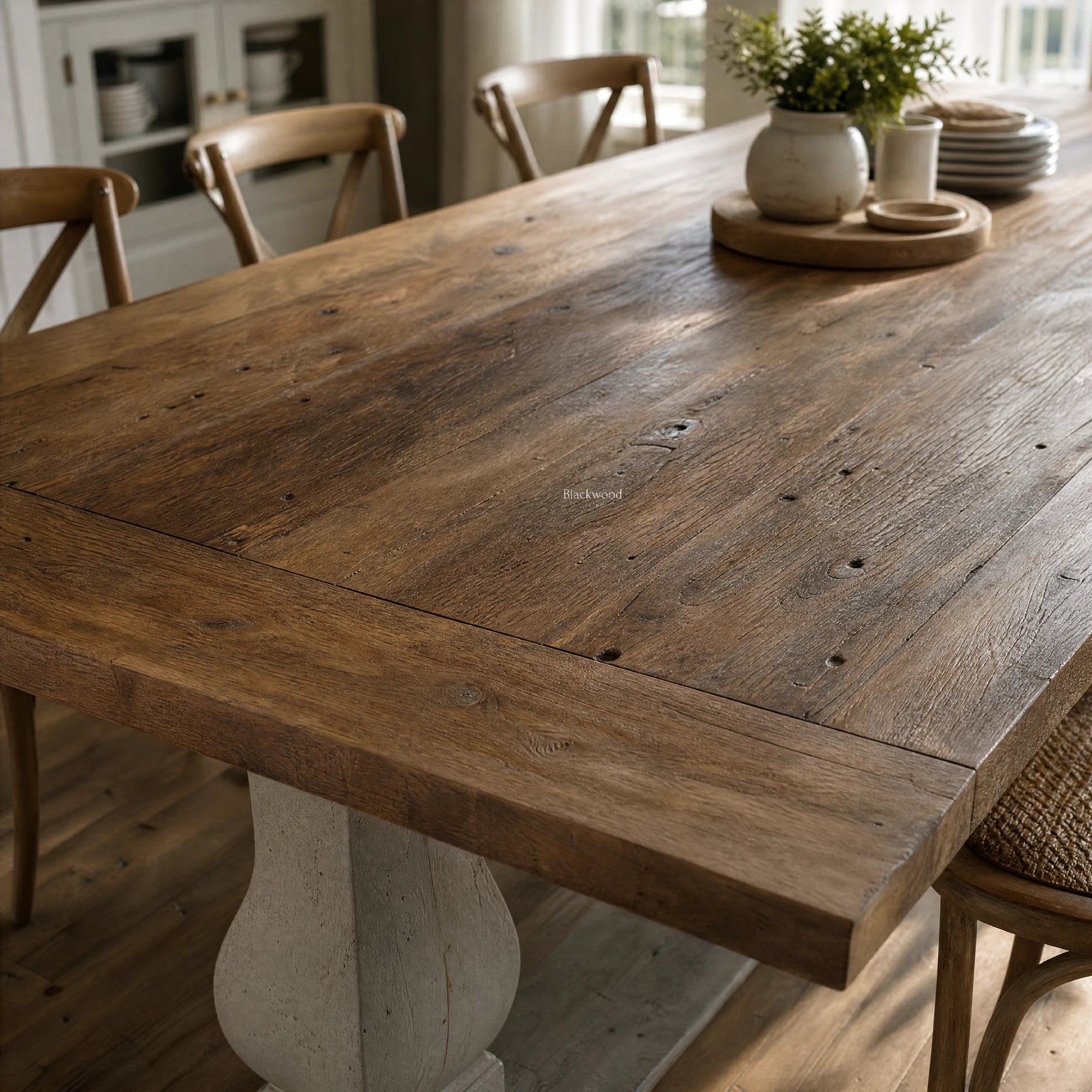 Eastport Dining Table crafted from reclaimed boat wood with teak and iron hardwoods in a sunlit dining room.