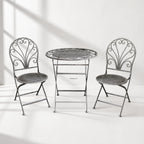 Provence Bistro Set in weathered antique grey with ornate scrollwork chairs and round mesh table.
