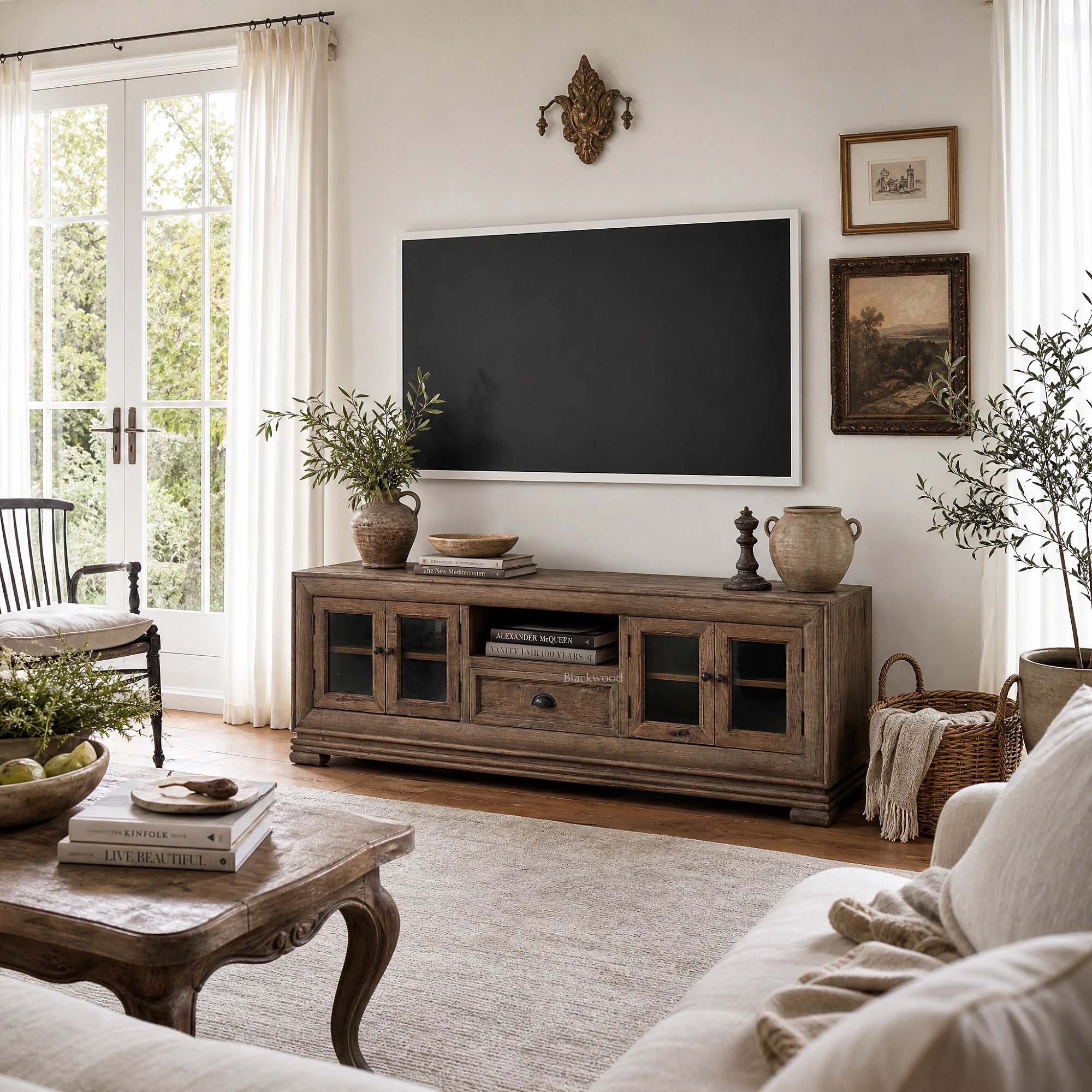 Maison Media Cabinet in reclaimed oak with framed glass doors, French Provincial style, under a TV.
