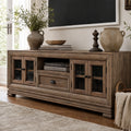 Maison Media Cabinet in aged reclaimed oak with framed glass doors, French Provincial design.