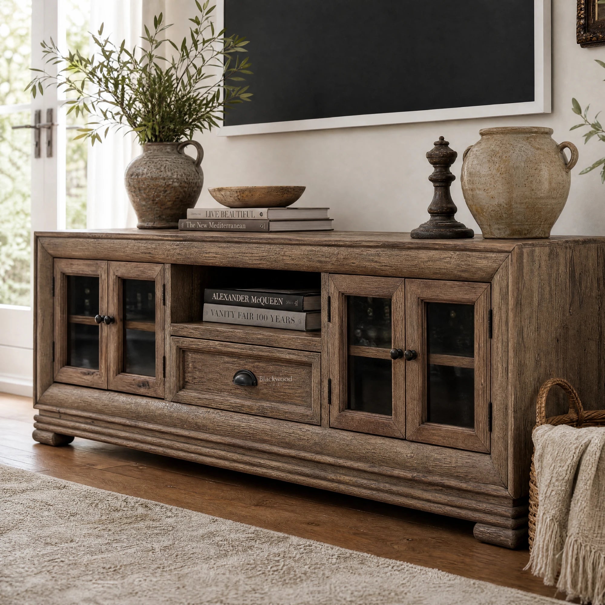 Maison Media Cabinet in aged reclaimed oak with framed glass doors, French Provincial design.