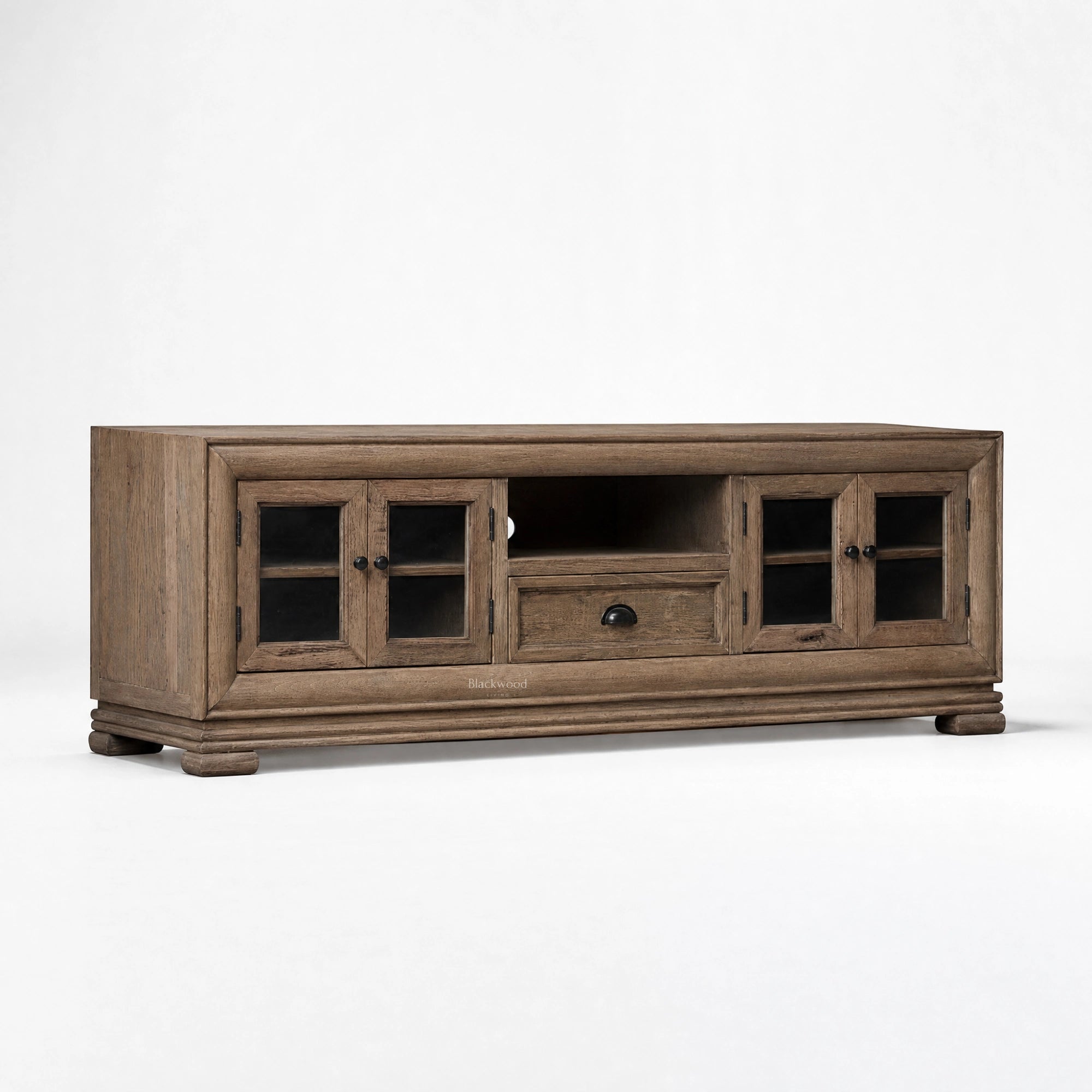 Maison Media Cabinet in warm reclaimed oak with framed glass doors and French Provincial design.