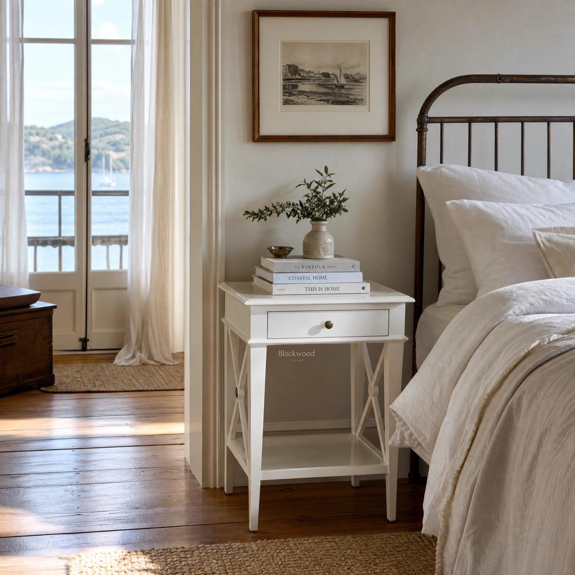 Harbour Bedside Table in white solid poplar timber, Hamptons-inspired, beside bed with books and plant.