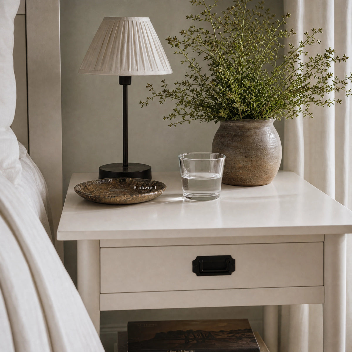 Fairhaven Bedside Table, solid poplar wood, crisp white finish, Hamptons-inspired styling.