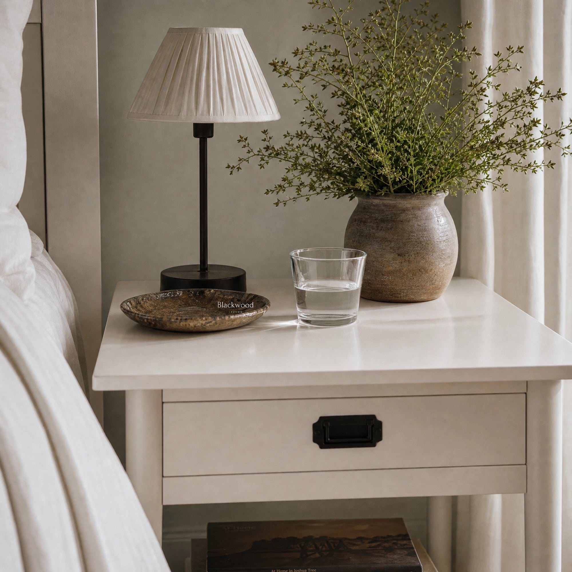 Fairhaven Bedside Table, solid poplar wood, crisp white finish, Hamptons-inspired styling.