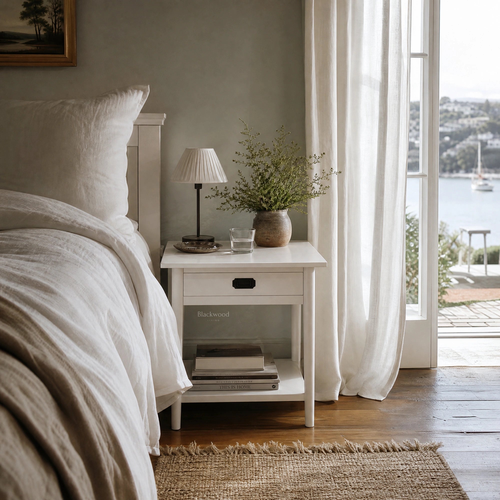 Fairhaven Bedside Table in white-painted poplar, Hamptons-inspired bedroom with lamp and greenery by a bright window.