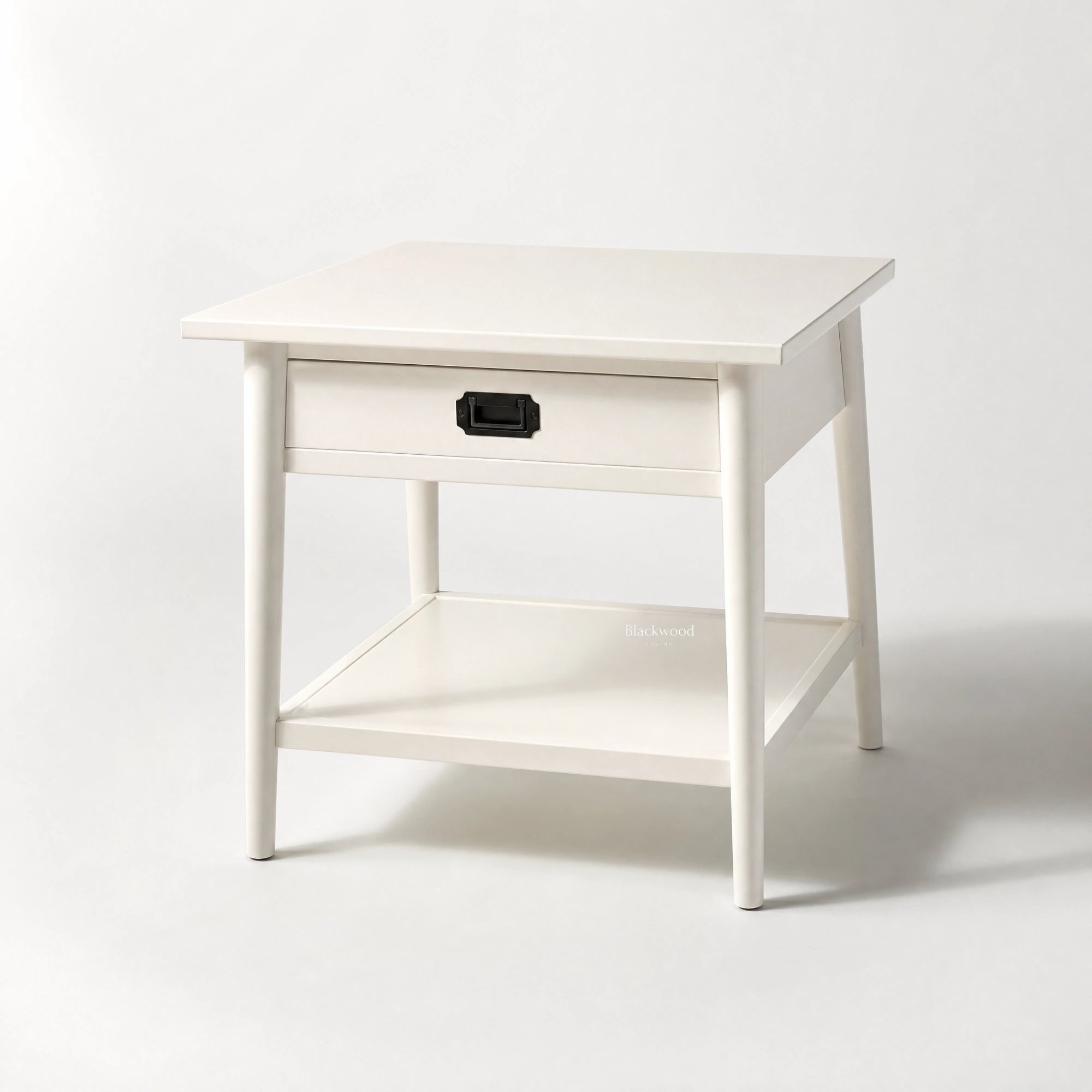 Fairhaven Bedside Table, white painted solid poplar with a single drawer and lower shelf, Hamptons-inspired.