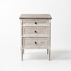 Laguna Bedside Table in distressed white with woven-panel drawers, coastal Hamptons-inspired styling.