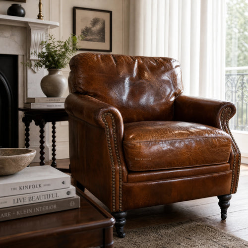 Kensington Leather Club Chair - Vintage Tobacco in aged South American top-grain leather