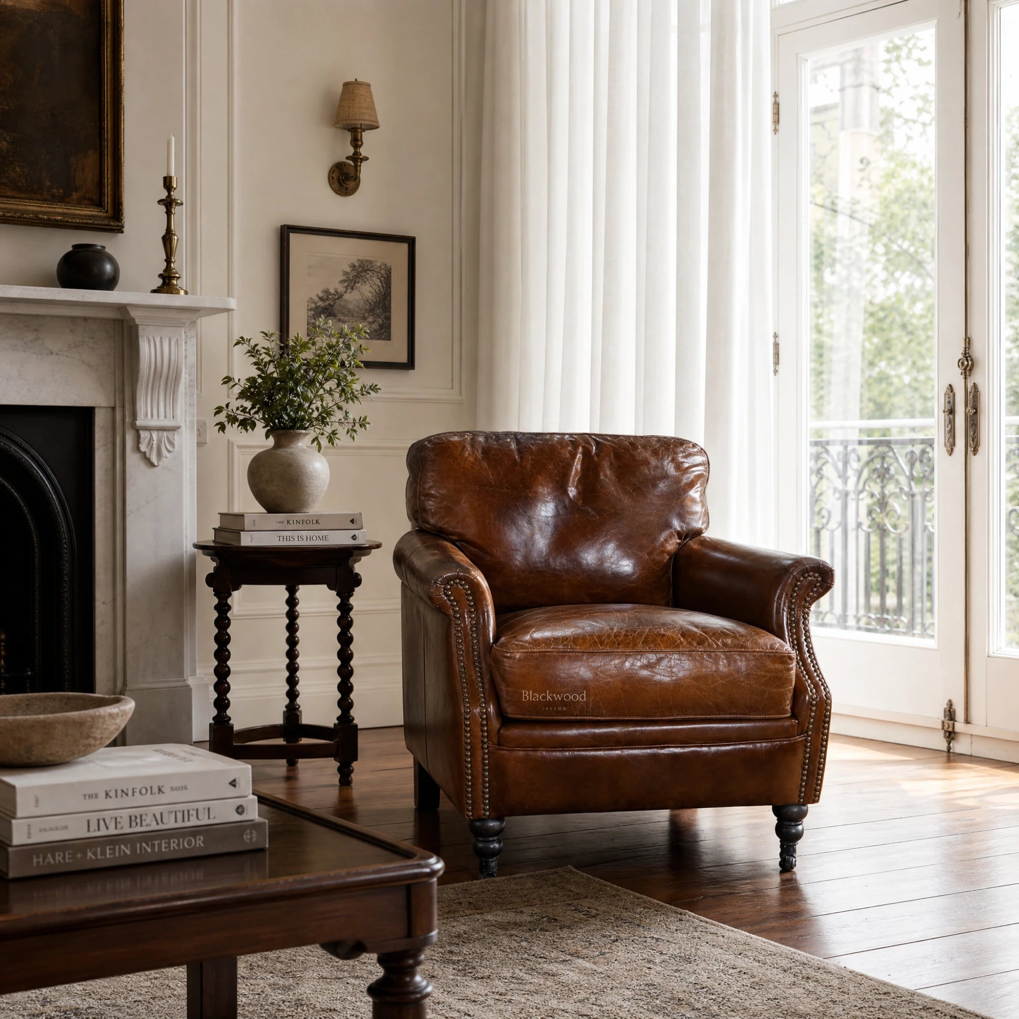 Kensington Leather Club Chair - Vintage Tobacco in aged South American top-grain leather, in a warm classic living room