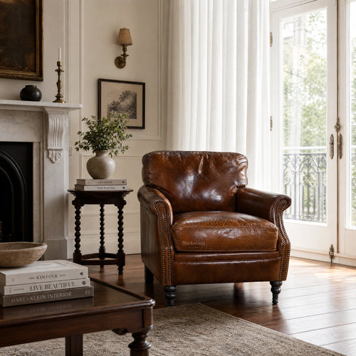 Kensington Leather Club Chair - Vintage Tobacco in aged South American top-grain leather, in a warm classic living room