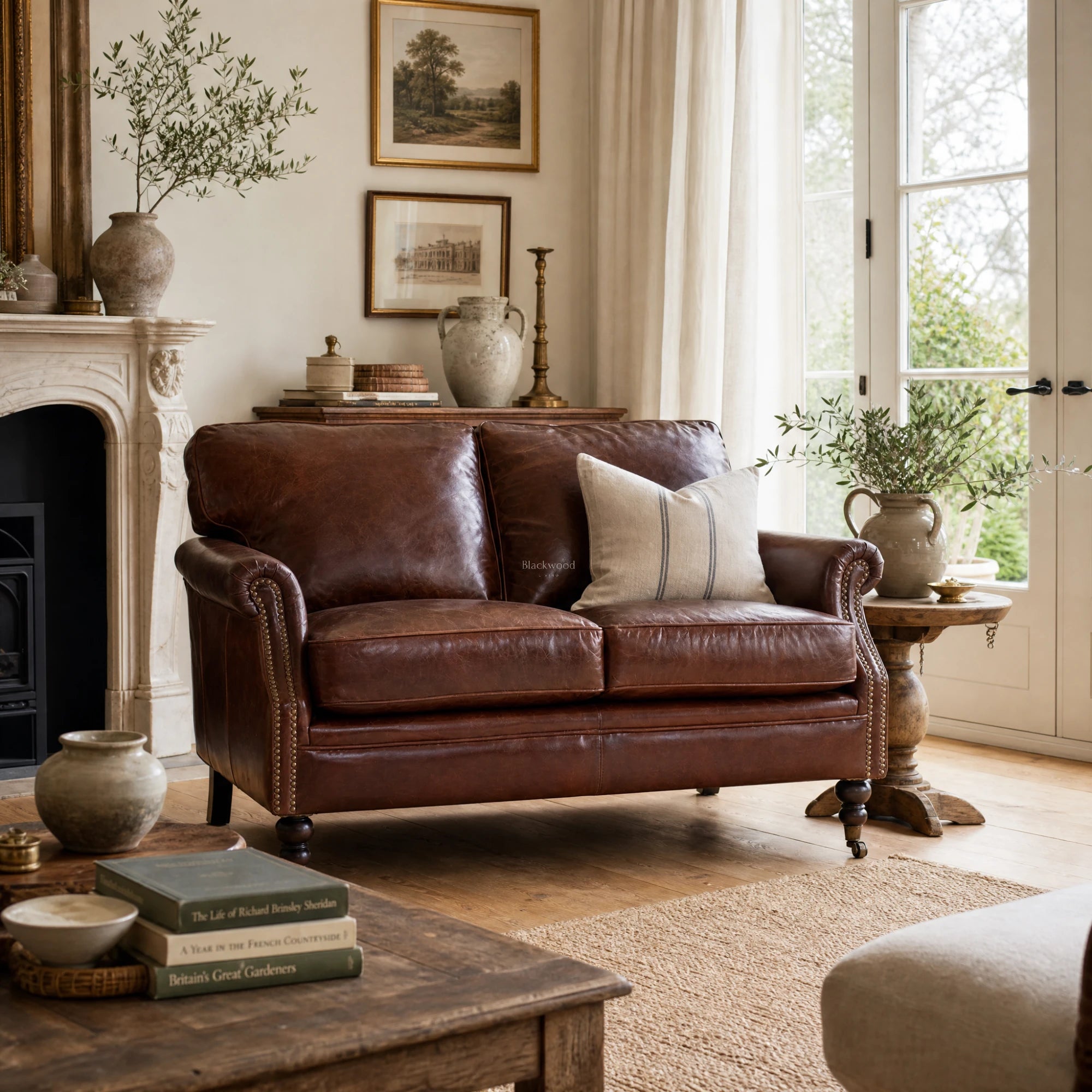Kensington 2 Seat Sofa in top-grain South American leather with hand finish, traditional warmth for a cozy living room.