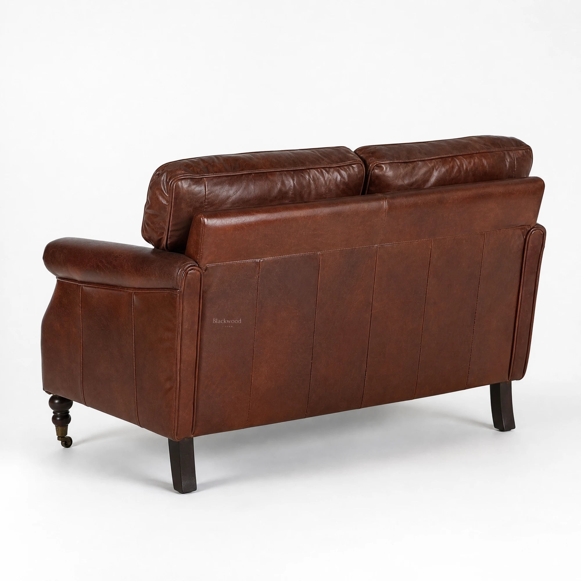 Kensington 2 Seat Sofa in brown top-grain South American cow leather, back view.