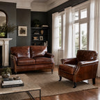 Kensington 2 Seat Sofa in South American top-grain leather, hand-finished, warm brown for a classic living room.