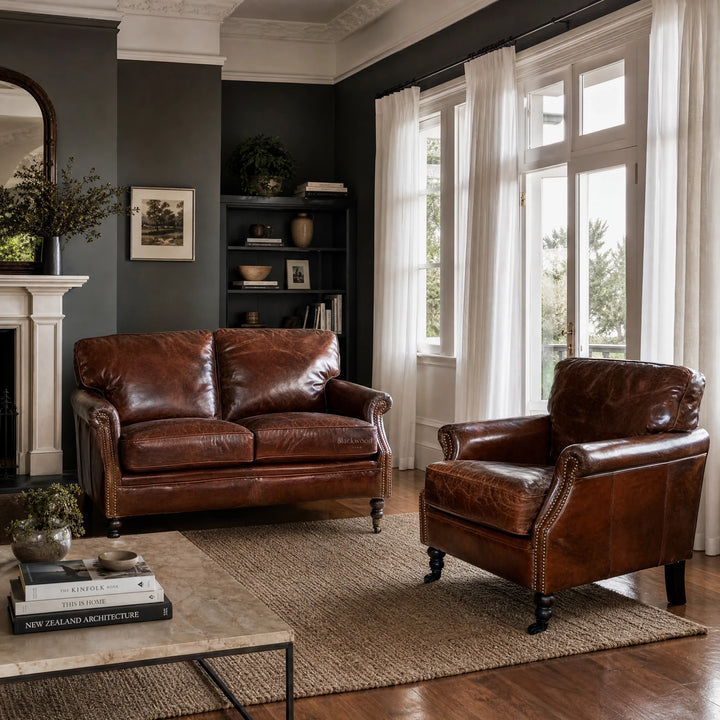 Kensington 2 Seat Sofa in South American top-grain leather, hand-finished, warm brown for a classic living room.