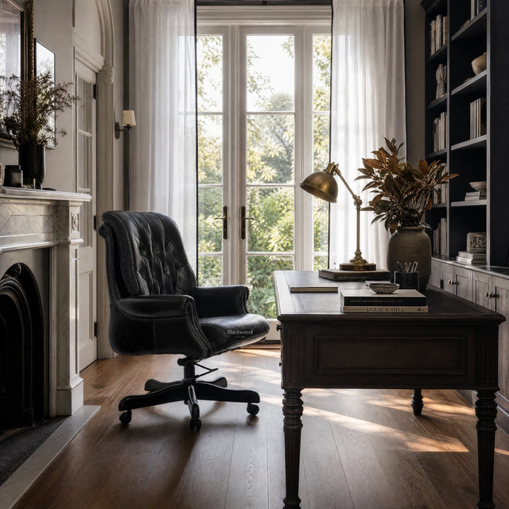 The Merchant Chair Estate Black in a refined home office with South American top-grain leather and a dark wood desk.
