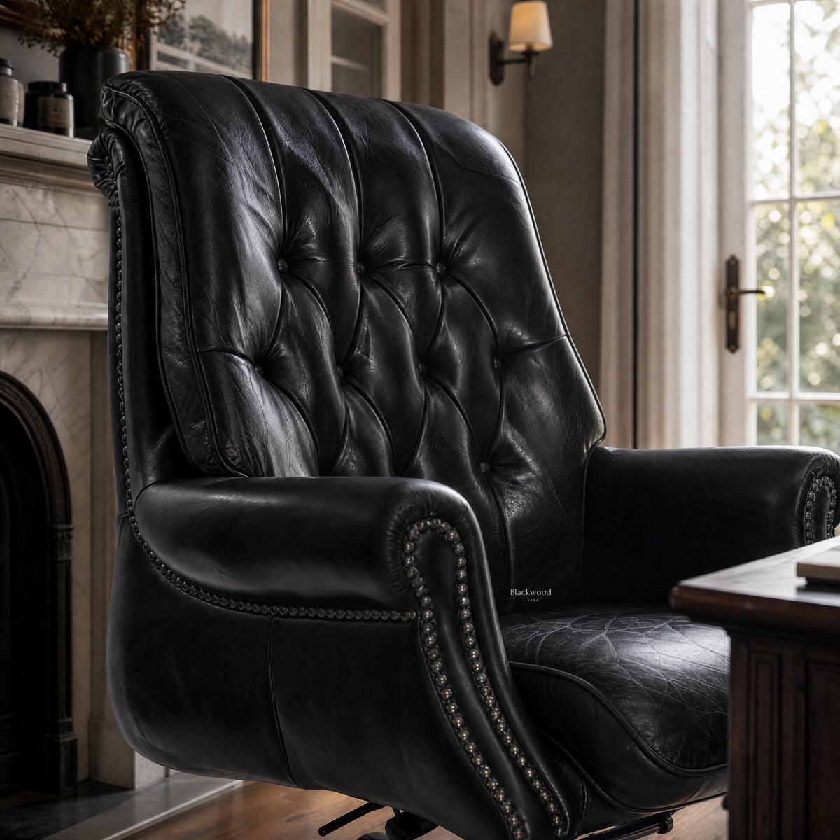 The Merchant Chair Estate Black leather armchair with nailhead trim in a study-like home office.