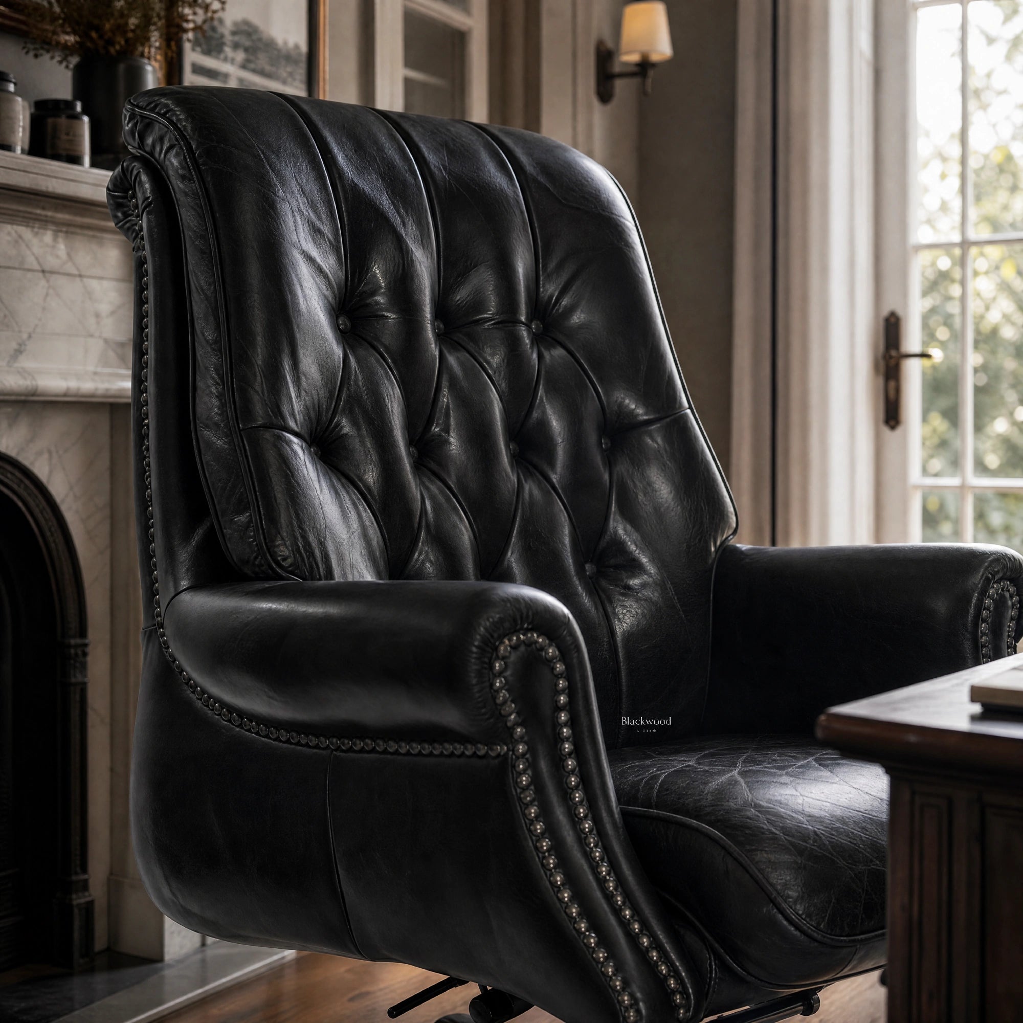 The Merchant Chair Estate Black leather armchair with nailhead trim in a study-like home office.