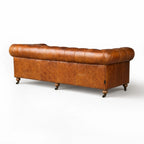Ashcroft 3 Seat Sofa in Vintage Tan leather with rolled arms, deep buttoned Chesterfield, brass studs
