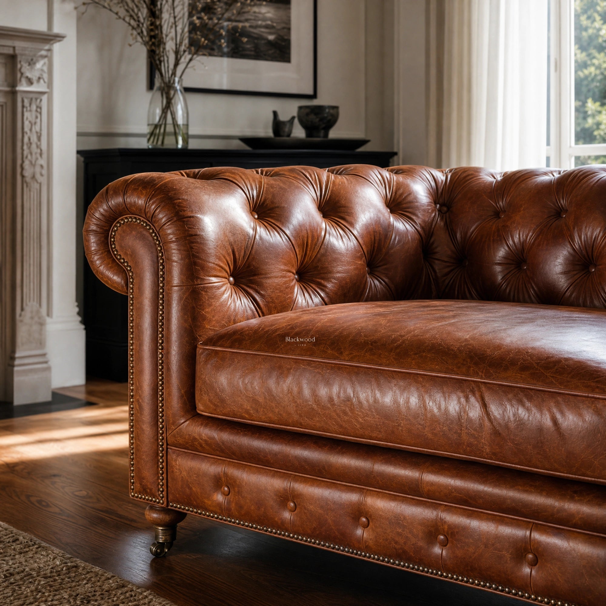 Ashcroft 3-seat sofa in vintage tan leather with deep buttoned Chesterfield tufting, rolled arms, and brass studs.