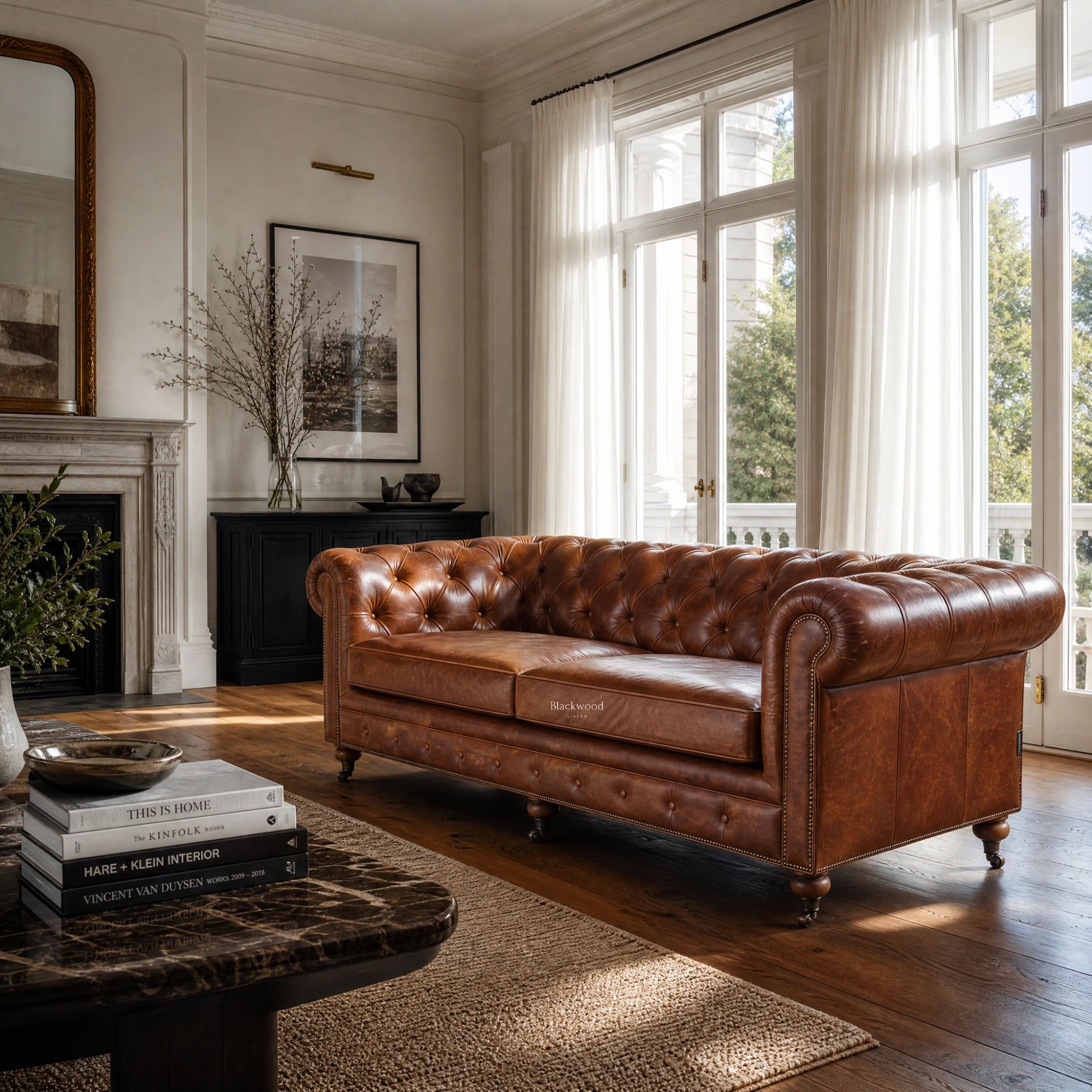 Ashcroft 3 Seat Sofa in Vintage Tan leather with deep buttoned Chesterfield, brass studs, and rolled arms.