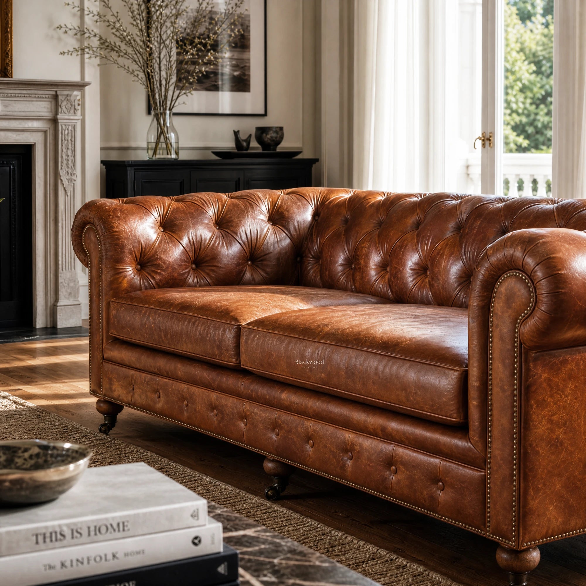 Ashcroft 3 Seat Sofa in Vintage Tan leather with deep buttoned Chesterfield, brass studs, rolled arms.