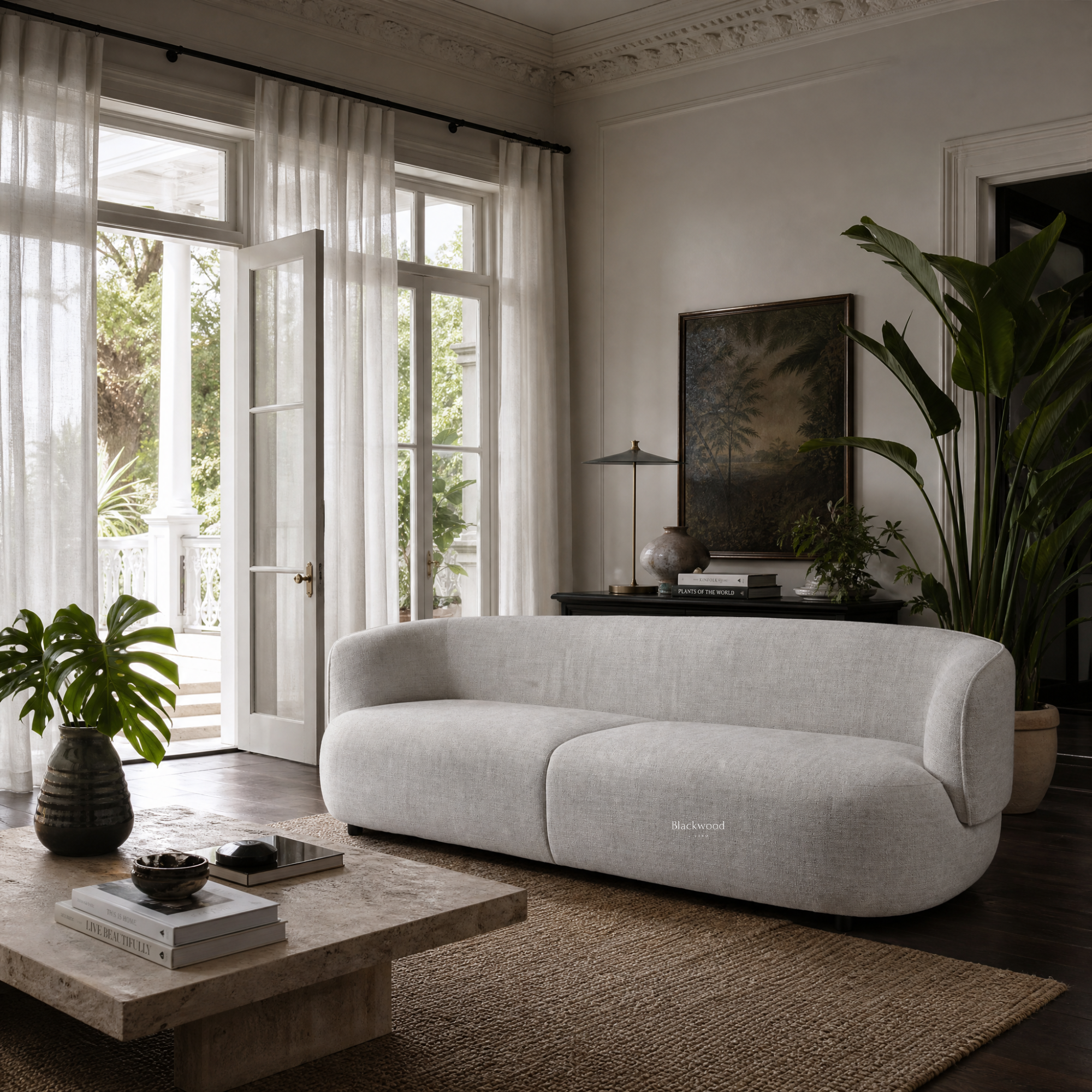 Amani Sofa in soft gray textured upholstery with a curved silhouette in a bright living room with large windows.