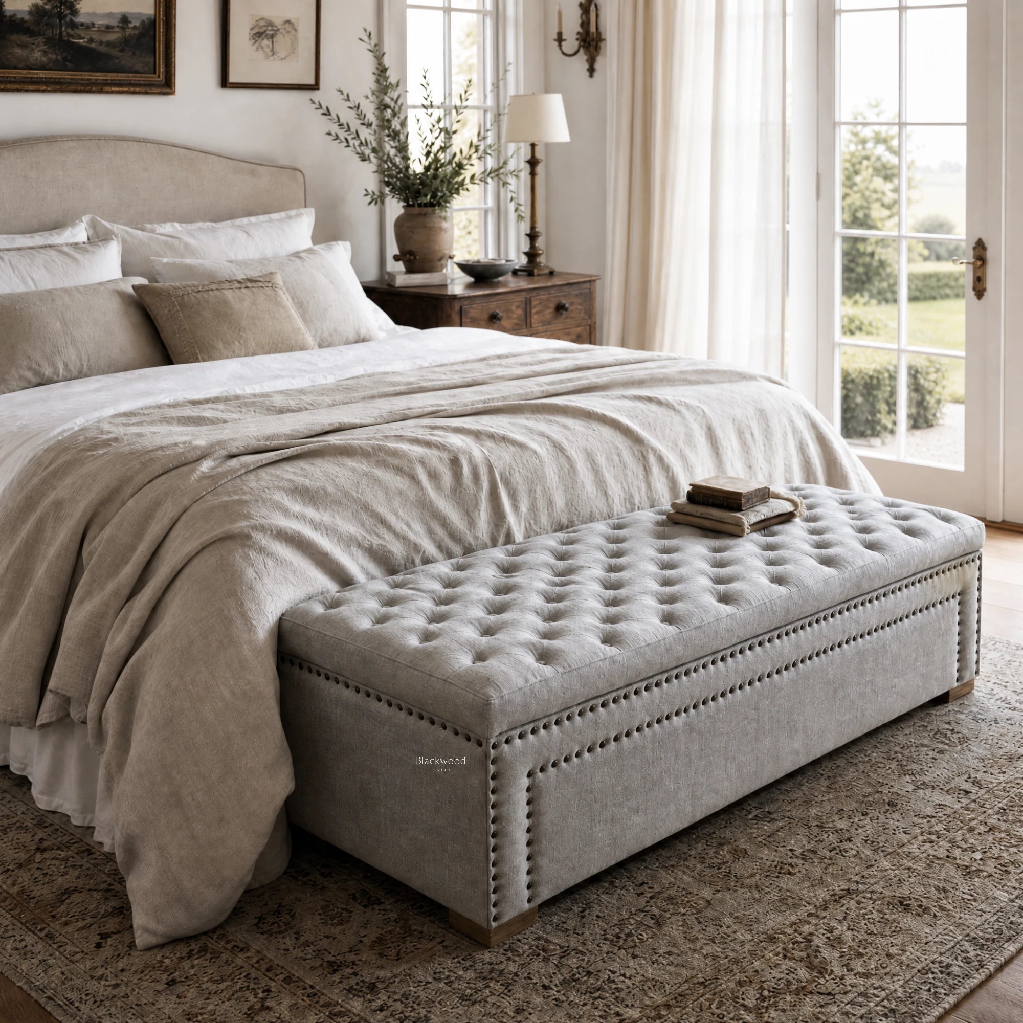 Charlotte Linen Chest bedroom with a grey linen upholstered bed, white bedding, and a wooden dresser.