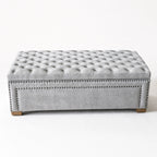 Charlotte Linen Chest: grey linen tufted storage chest with nailhead trim and wooden feet.