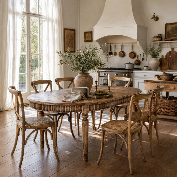 Loire Dining Table in a rustic French provincial kitchen, made from reclaimed elm with weathered, warm character.