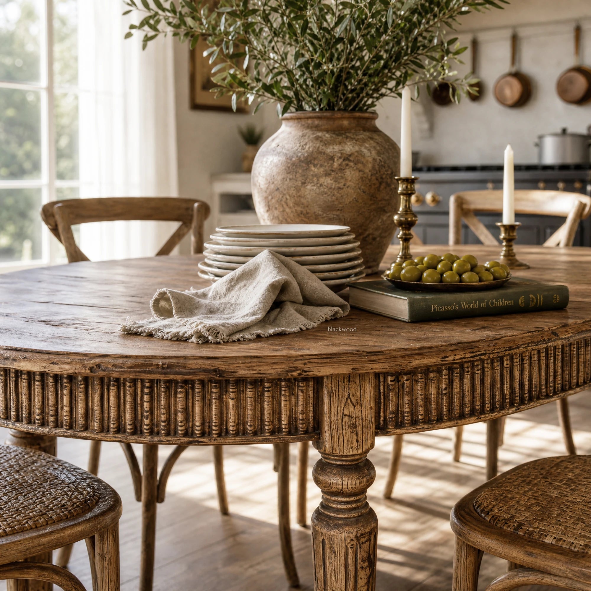 Loire Dining Table in reclaimed elm with weathered finish, round carved pedestal, greenery centerpiece.
