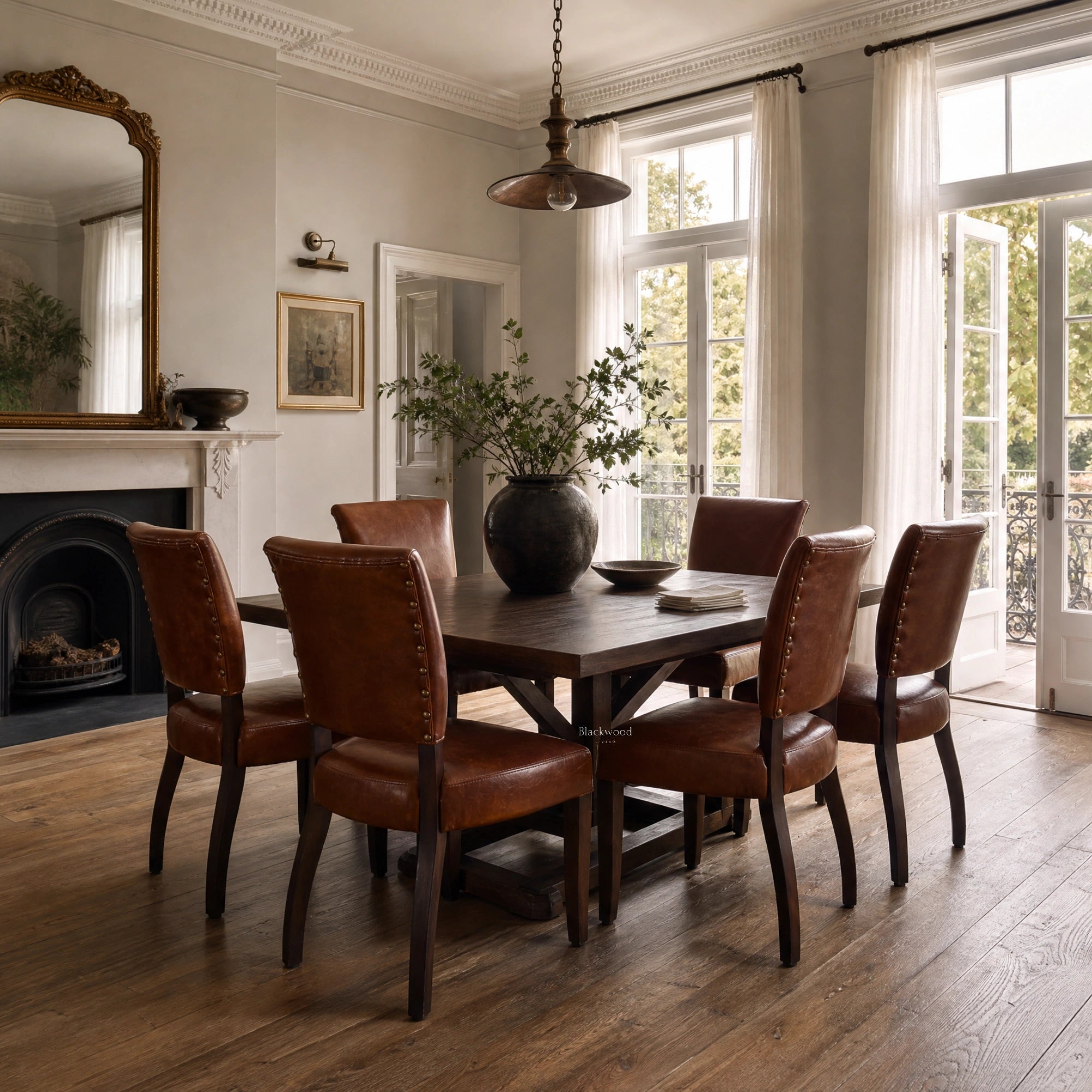 Beaumont Dining Chair - Vintage Tobacco leather, set around a dark wood dining table in a bright, sunlit dining room.
