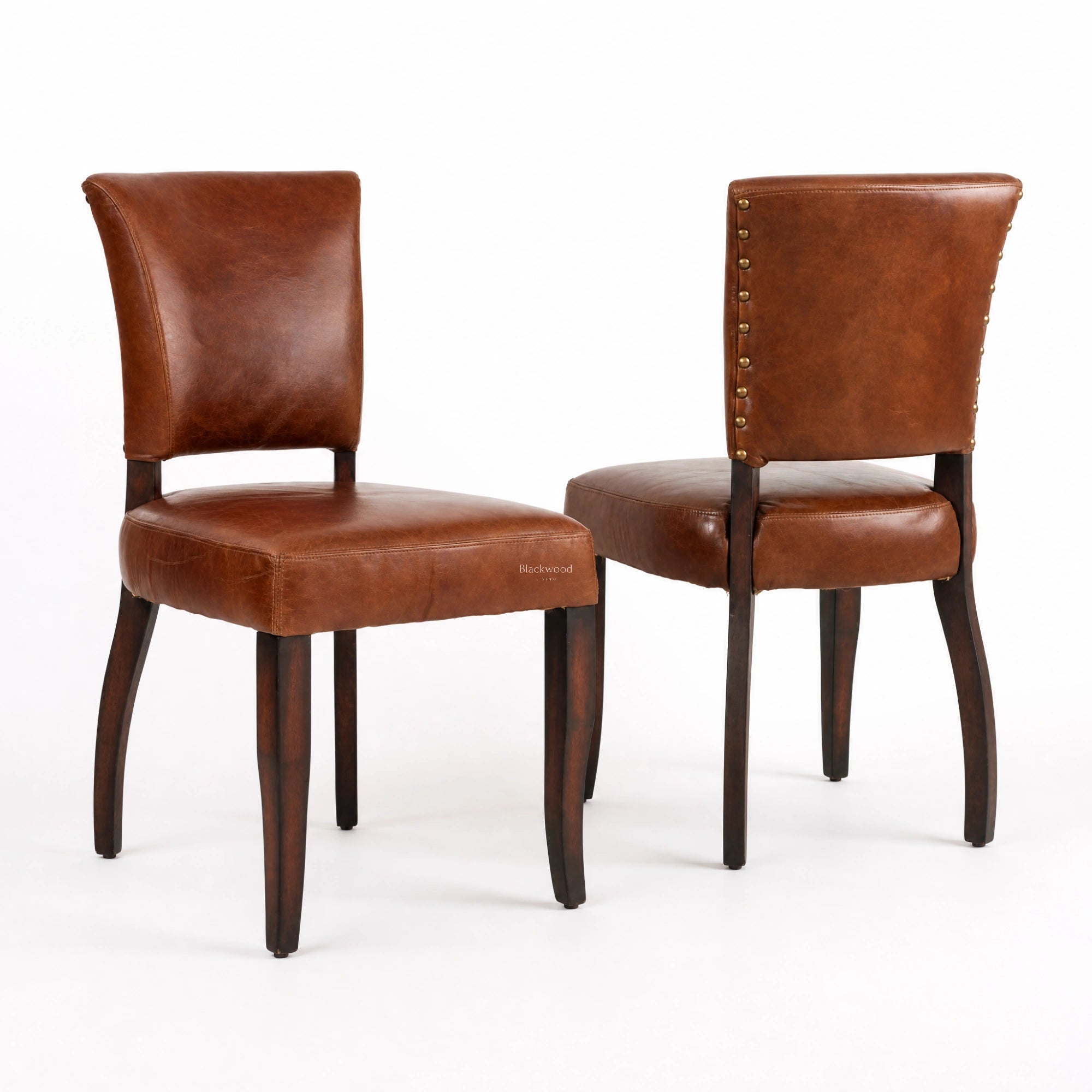 Pair of Beaumont Dining Chairs in vintage tobacco leather with brass nailhead trim